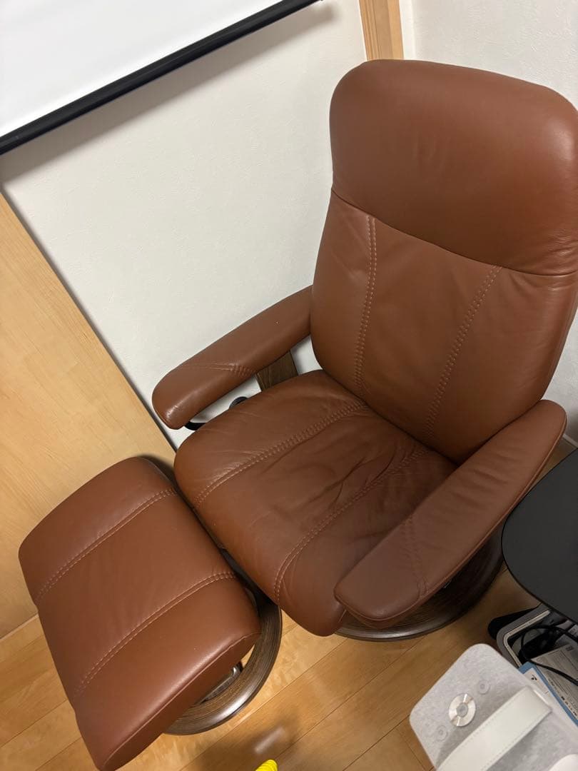 福岡市近郊送料無料 ブラウン レザー リクライニングチェア オットマン付