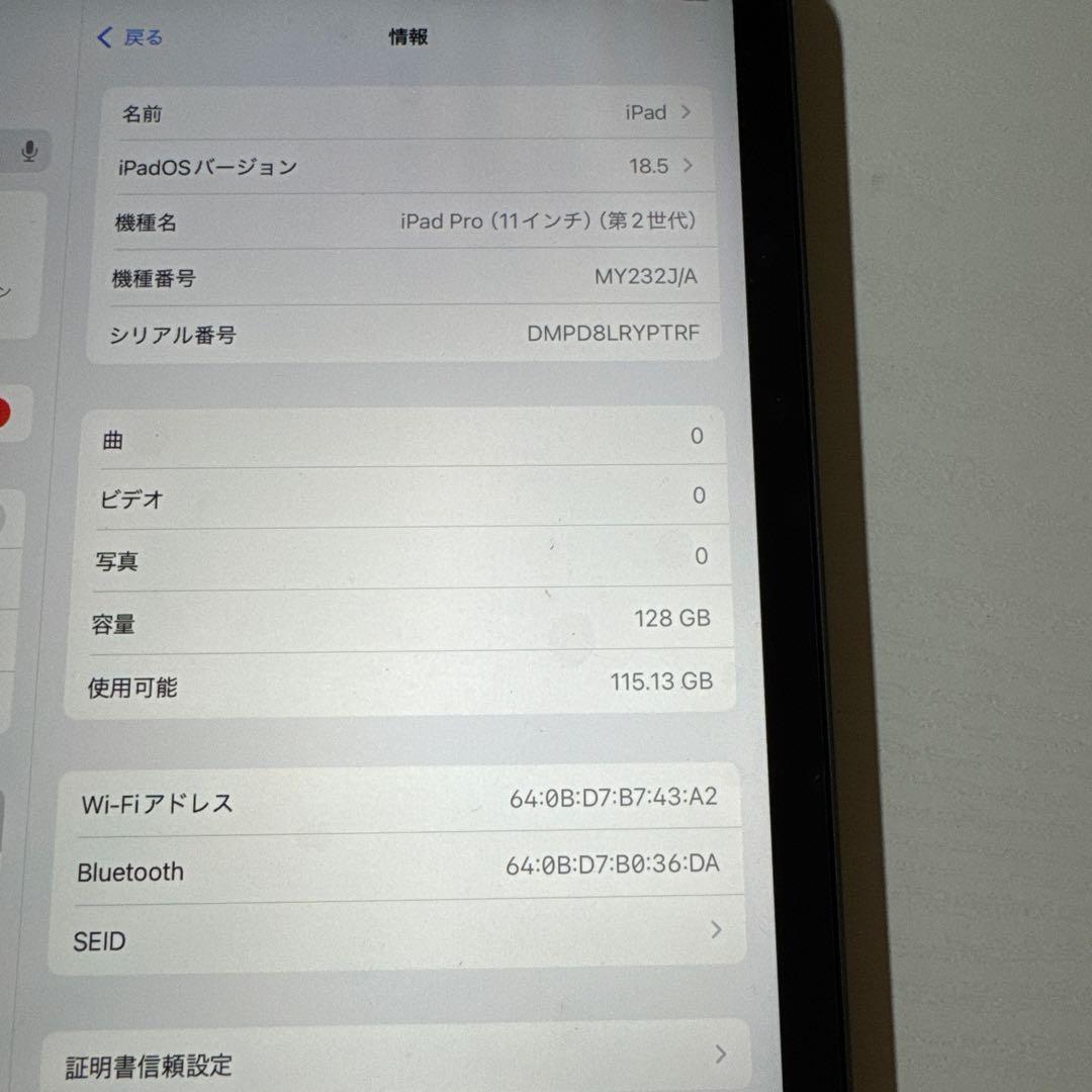 iPad Pro 11インチ 第2世代 スペースグレー 本体のみ 128GB