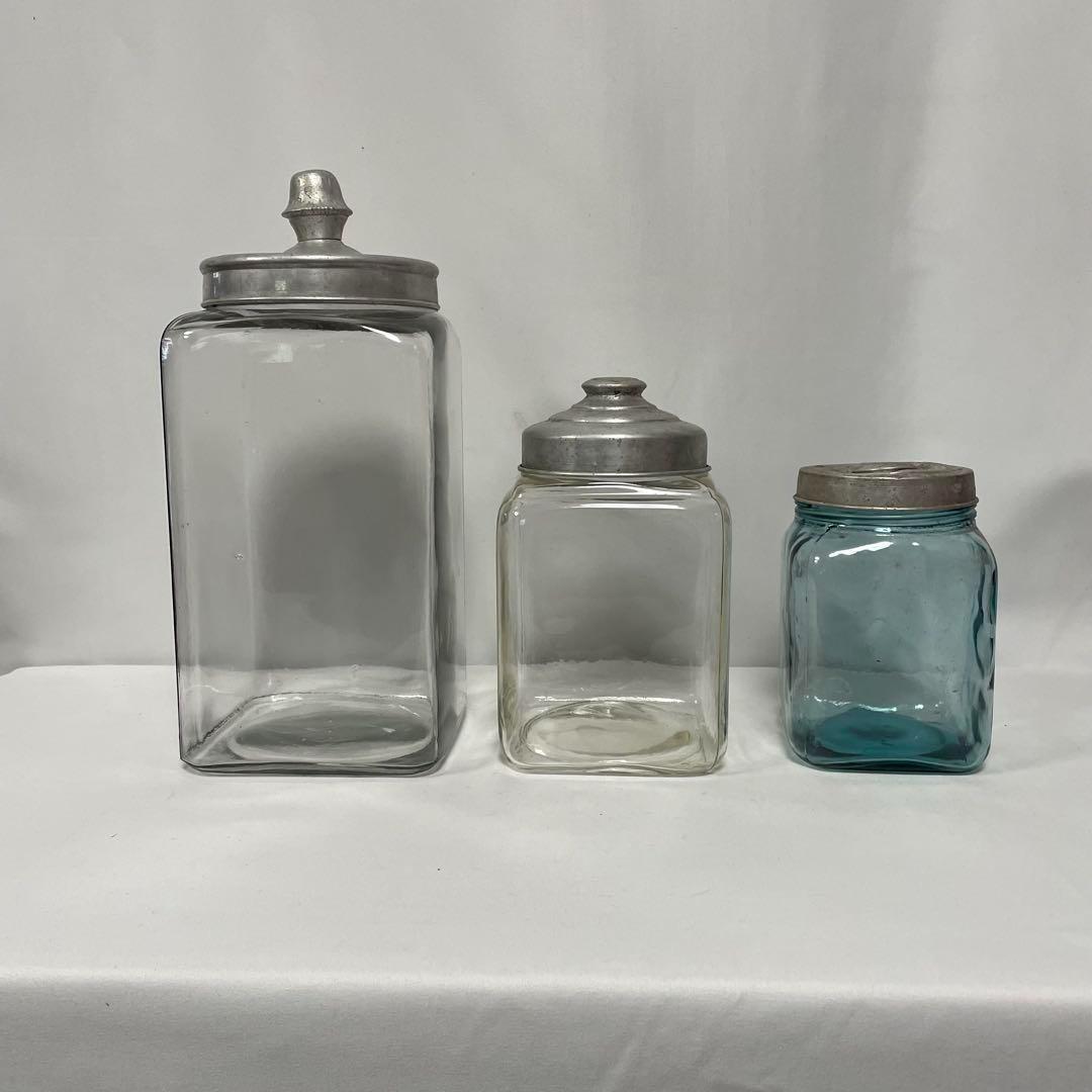 昭和レトロ ブリキ製蓋付きガラス瓶 3個セット