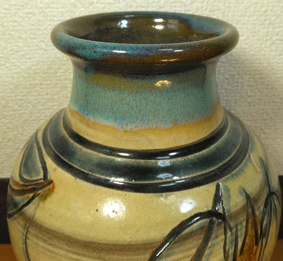 Kanegon 人間国宝 金城次郎 海老魚紋花瓶 栞 共箱 h20cm超