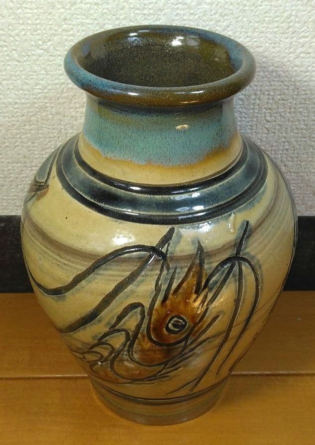 Kanegon 人間国宝 金城次郎 海老魚紋花瓶 栞 共箱 h20cm超