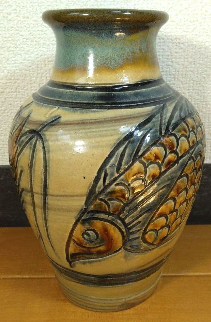 Kanegon 人間国宝 金城次郎 海老魚紋花瓶 栞 共箱 h20cm超