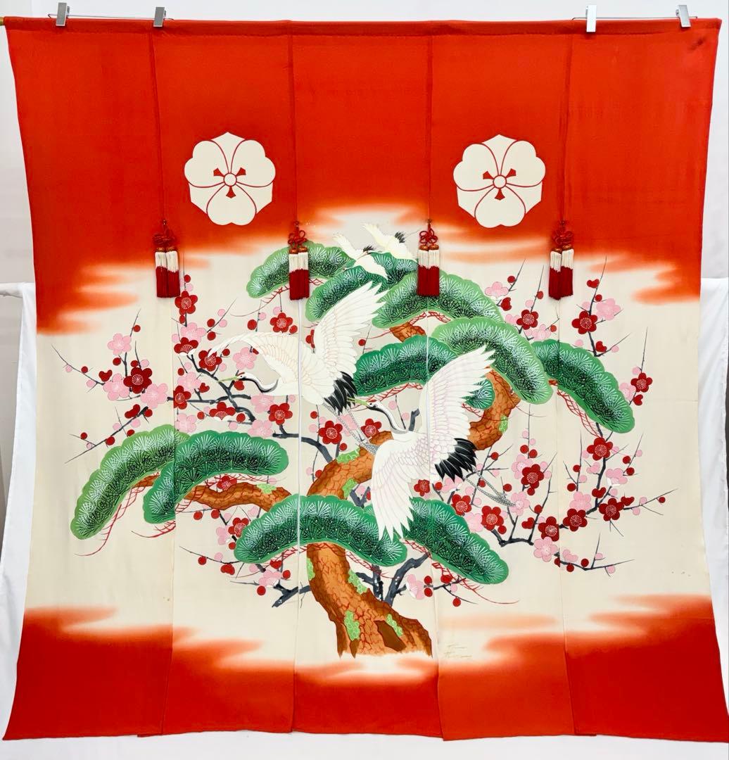 花嫁のれん　加賀のれん　鶴・松・梅／朱色・オフホワイト《こ241》#江戸小もーん
