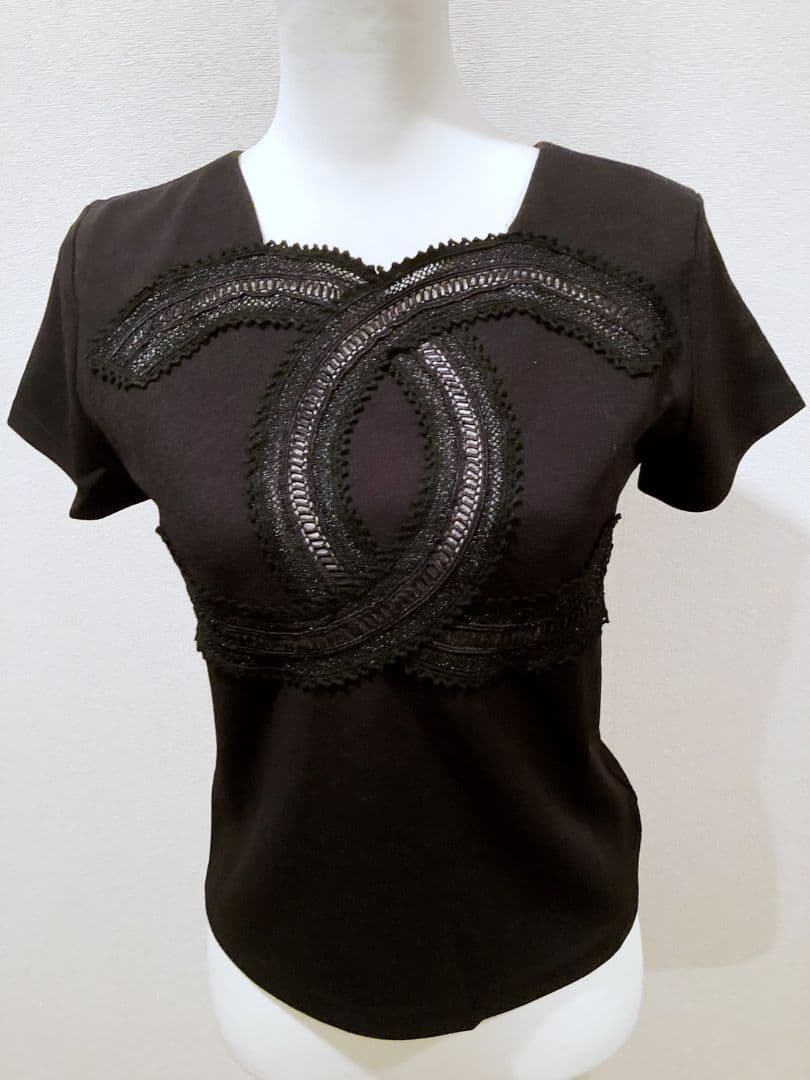 CHANELuniformブラックレース装飾 半袖トップス　シャネルユニフォーム