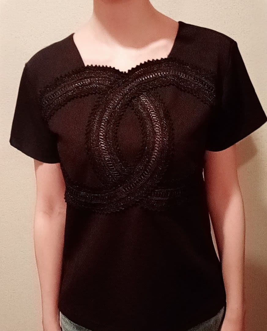 CHANELuniformブラックレース装飾 半袖トップス　シャネルユニフォーム