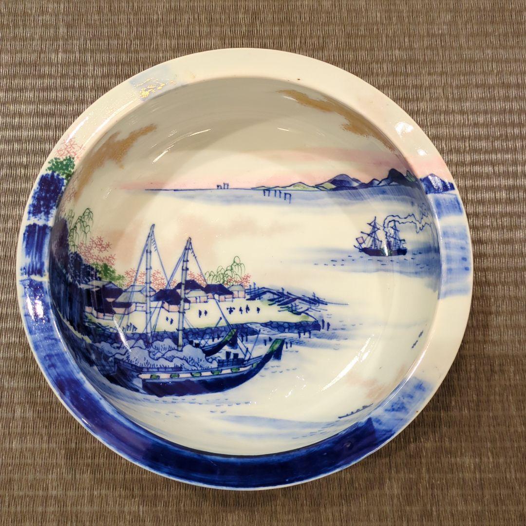 明治期　伊万里「文明開化　蒸気船図」染付鉢
