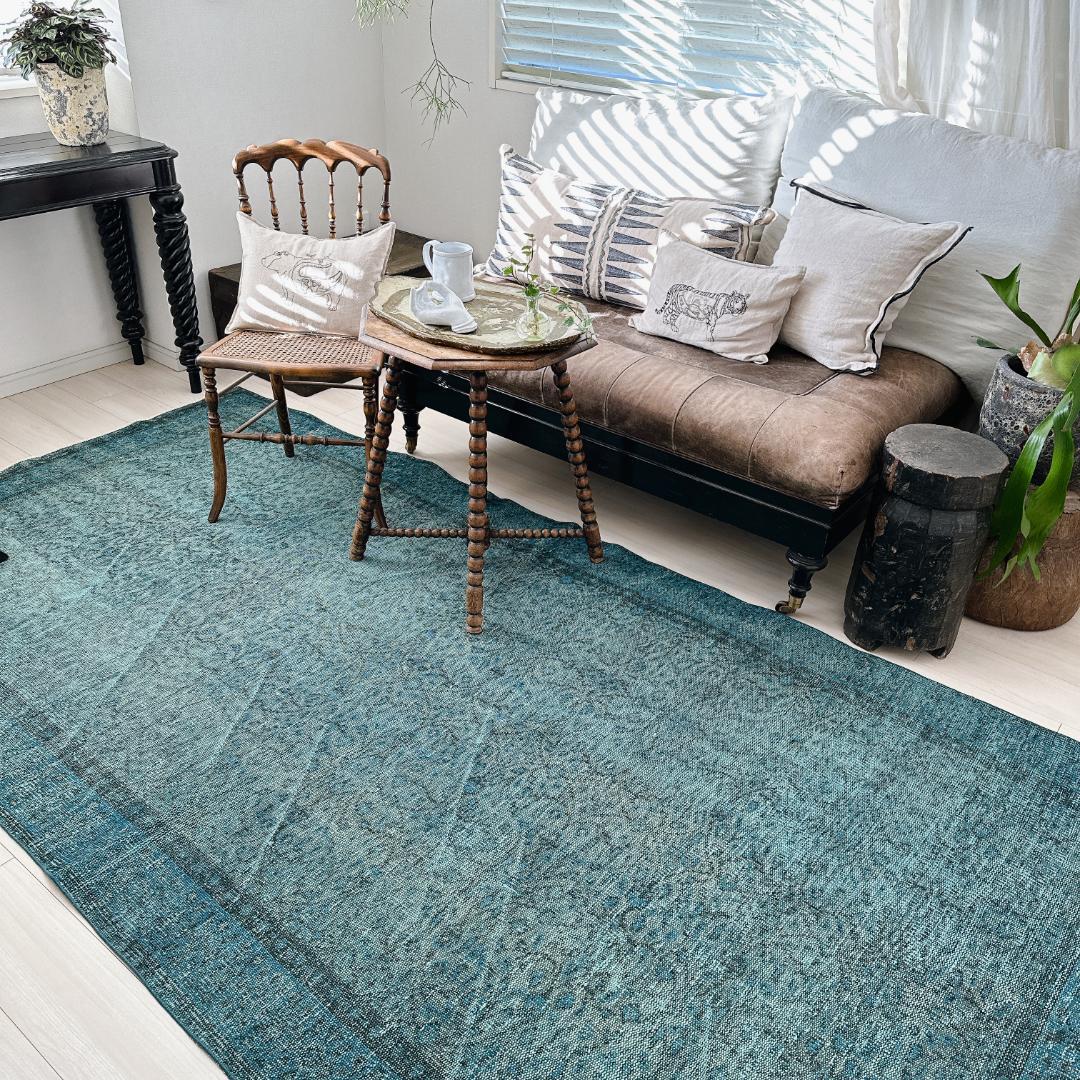 【訳アリ】トルコ ヴィンテージラグA114超大判 ターコイズブルー オーバーダイ