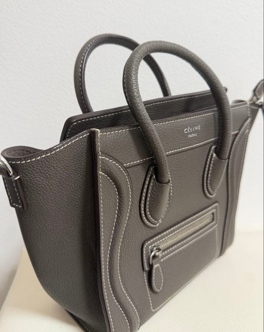 極美品 正規品 セリーヌ ラゲージ ナノ ショッパー グレージュ スリ