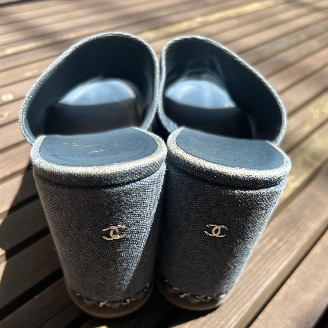【CHANEL】シャネル チェーントリム デニム サンダル 36