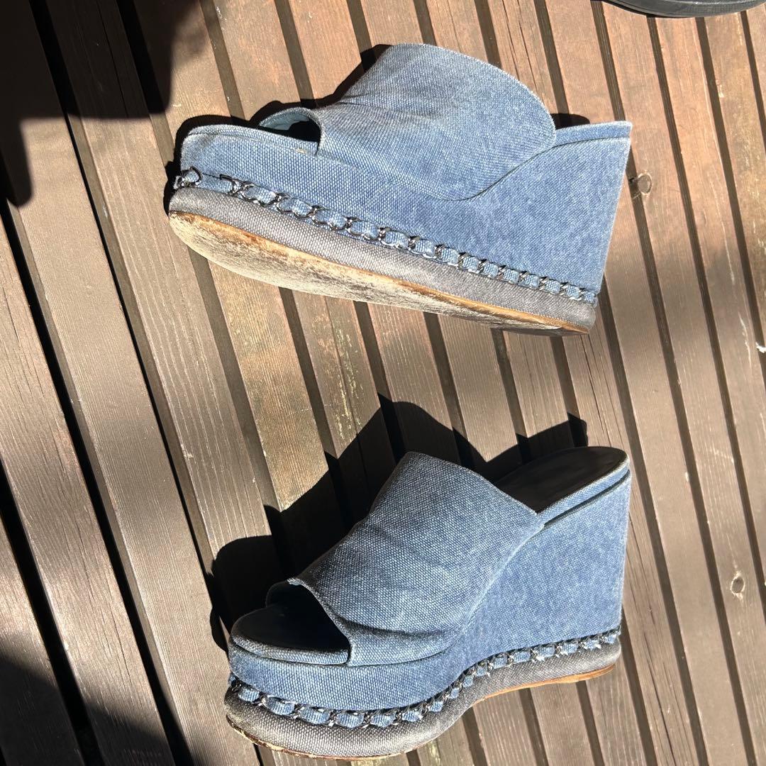 【CHANEL】シャネル チェーントリム デニム サンダル 36