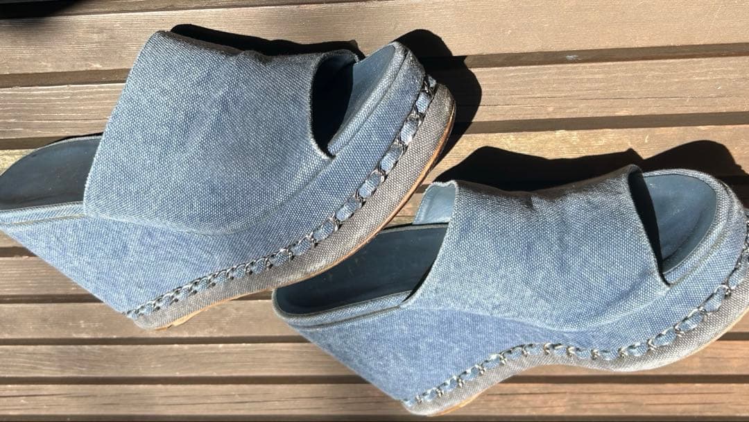 【CHANEL】シャネル チェーントリム デニム サンダル 36