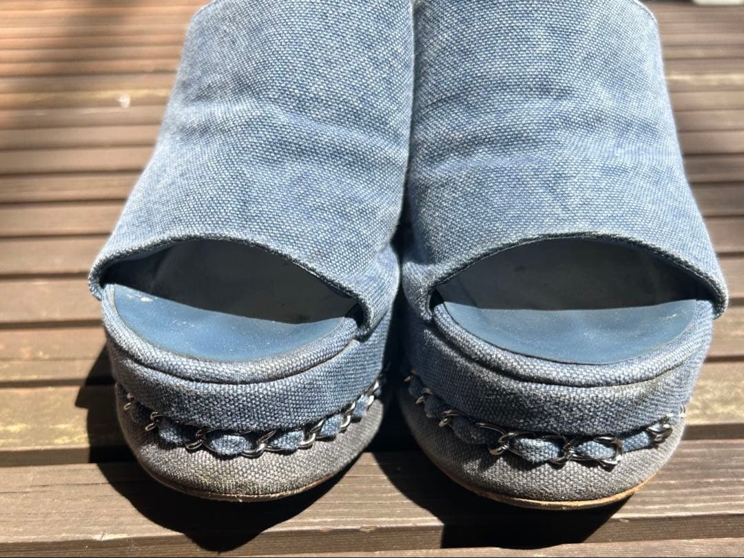 【CHANEL】シャネル チェーントリム デニム サンダル 36