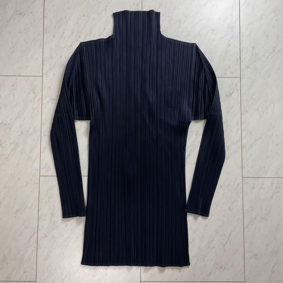 プリーツプリーズ イッセイミヤケ 長袖カットソー トップス ハイネック ネイビー
