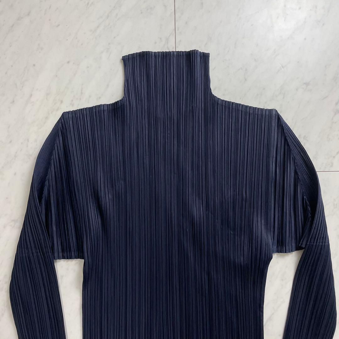 プリーツプリーズ イッセイミヤケ 長袖カットソー トップス ハイネック ネイビー