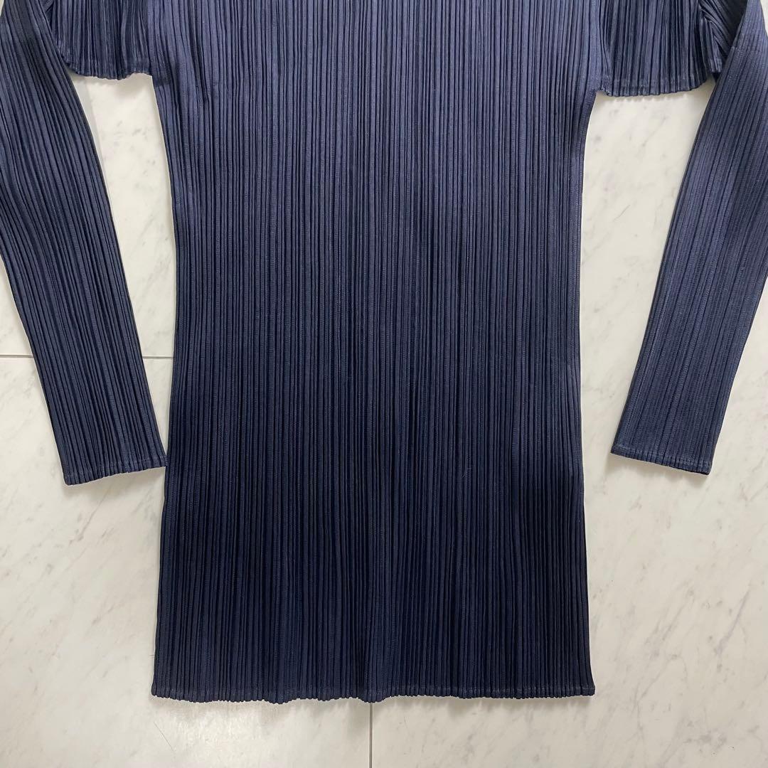 プリーツプリーズ イッセイミヤケ 長袖カットソー トップス ハイネック ネイビー