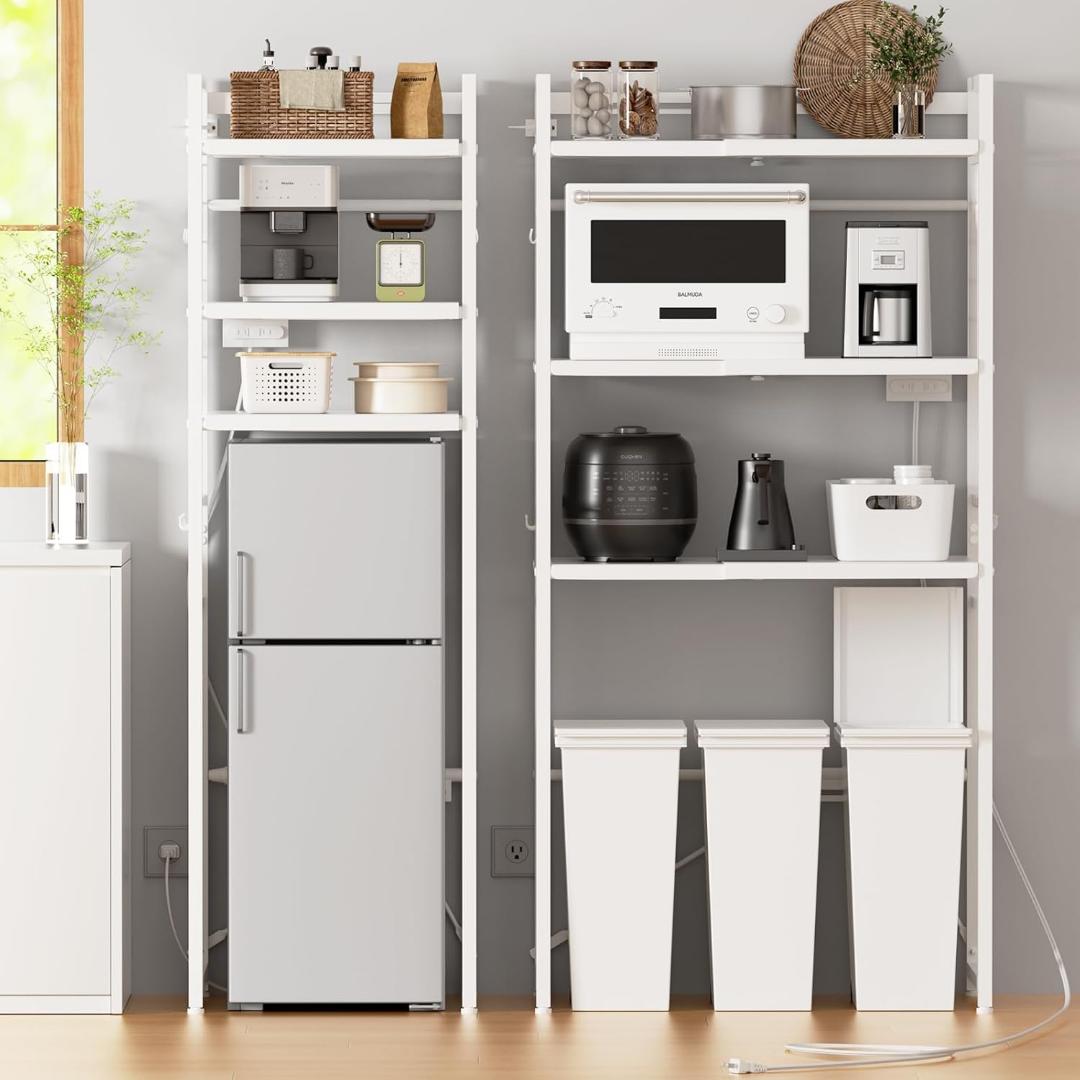 レンジラック❣️ゴミ箱上ラック 幅伸縮 2口コンセント 高さ調整 冷蔵庫上