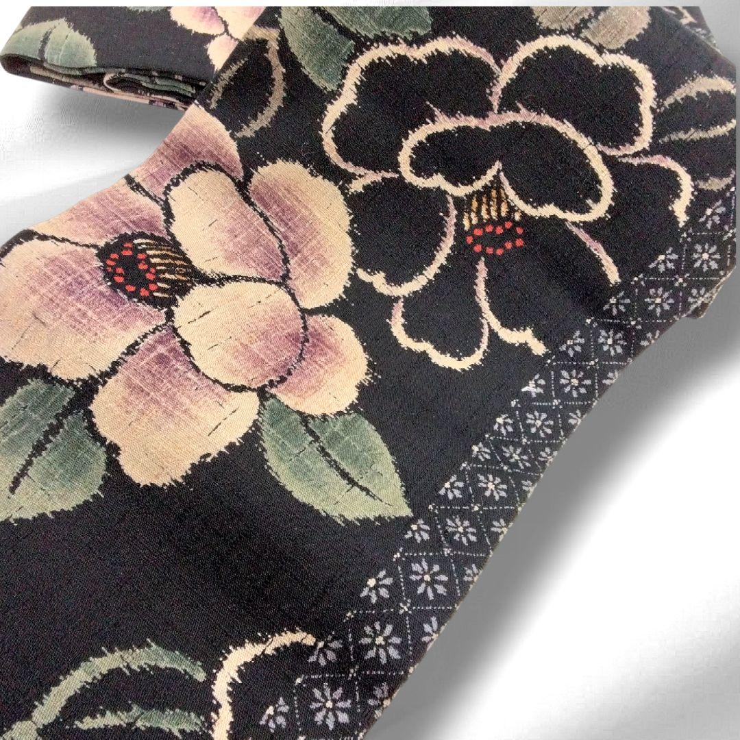 軽装帯 つけ帯 作り帯 ワンタッチ帯 椿　紬　黒　名古屋帯　正絹　#867