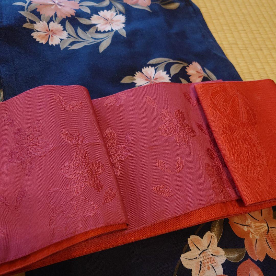 【lalala】【夢工房】浴衣・帯セット 紺色 撫子柄 下駄付き