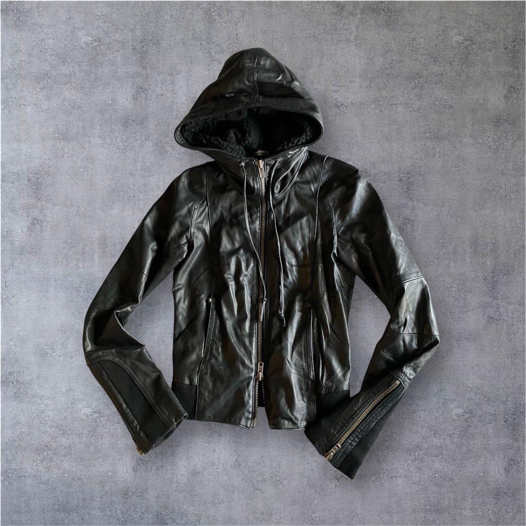00s archive MOUSSY フード羊革レザーライダースジャケット黒2