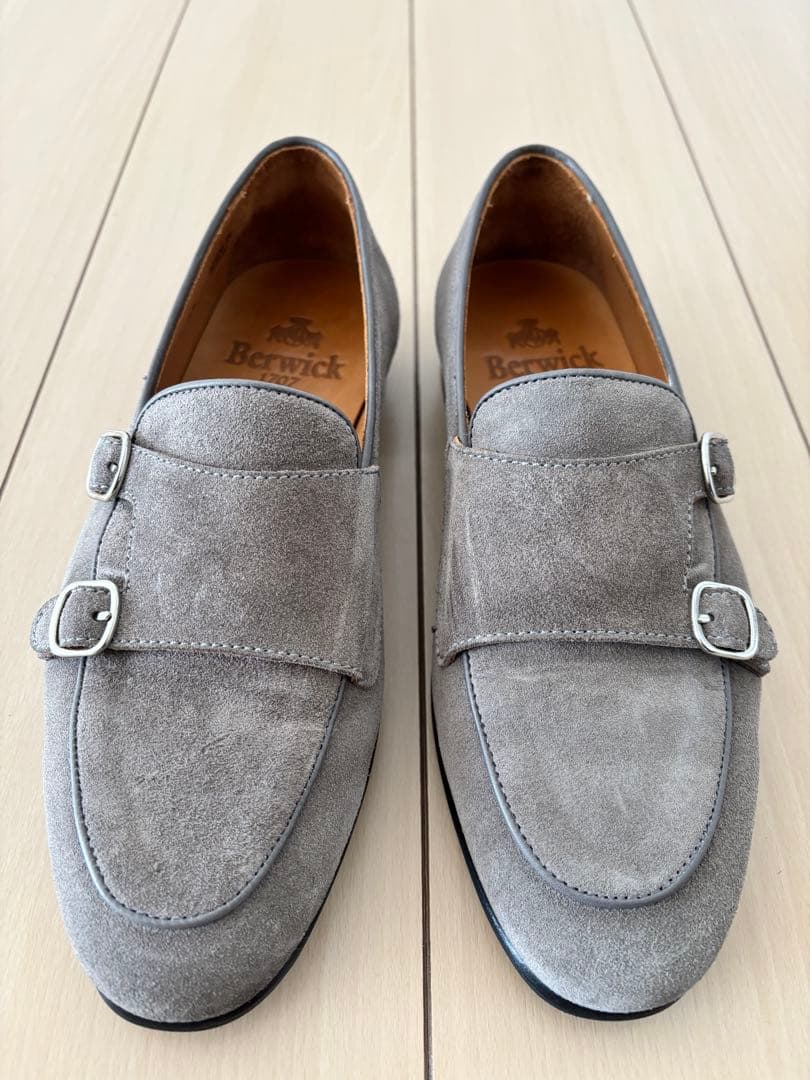 【未使用級】Berwick グレー スエード ダブルモンク ローファー 39