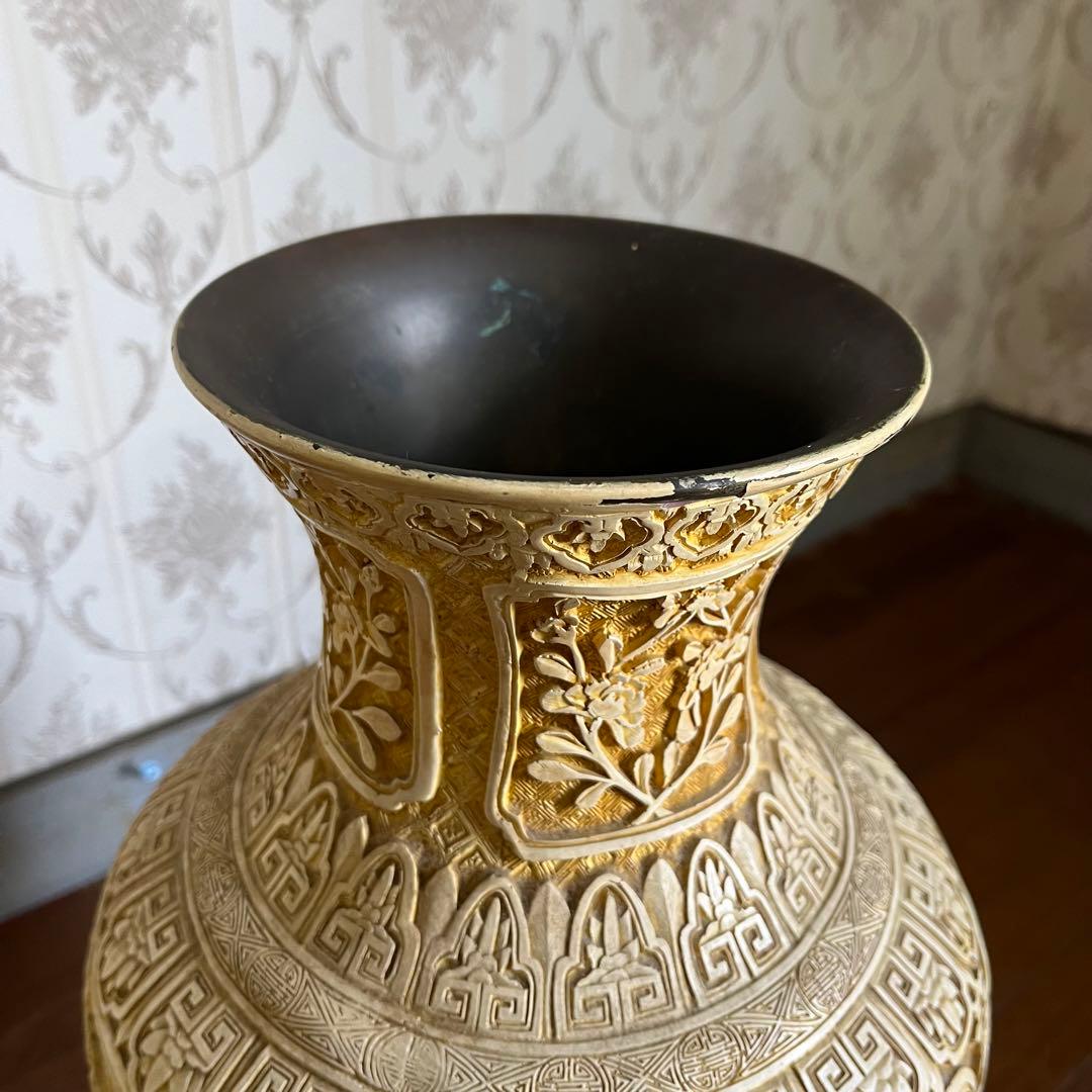 【アンティーク】堆朱銅胎飾り花瓶 壺 山水楼閣 花鳥唐草 古美術 骨董品 古道具