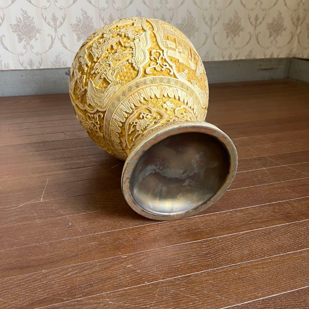 【アンティーク】堆朱銅胎飾り花瓶 壺 山水楼閣 花鳥唐草 古美術 骨董品 古道具