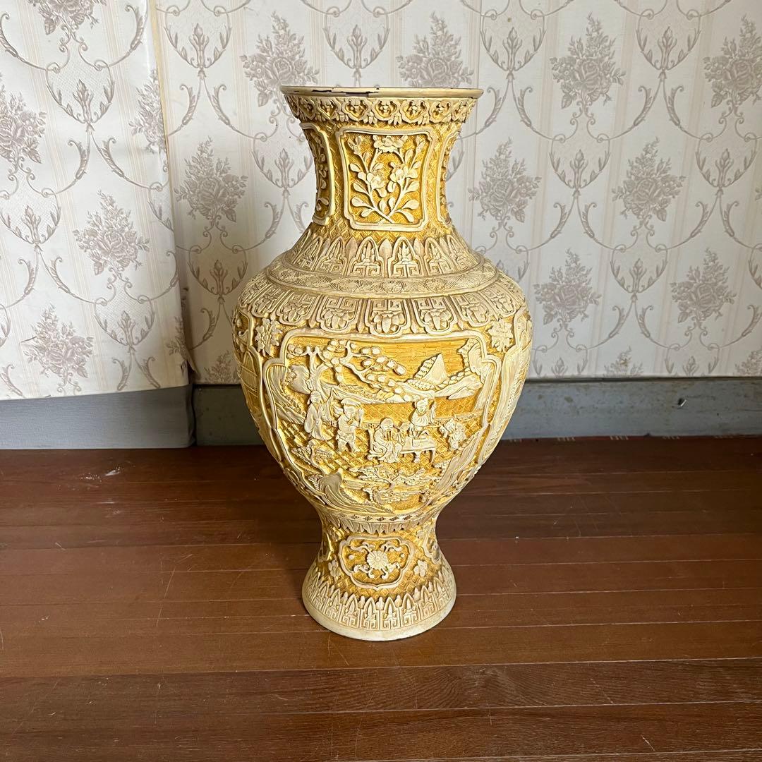 【アンティーク】堆朱銅胎飾り花瓶 壺 山水楼閣 花鳥唐草 古美術 骨董品 古道具