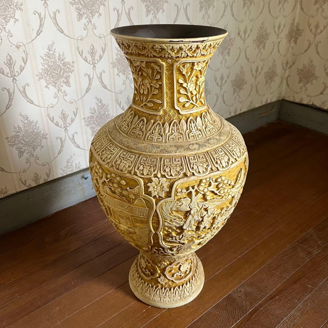 【アンティーク】堆朱銅胎飾り花瓶 壺 山水楼閣 花鳥唐草 古美術 骨董品 古道具