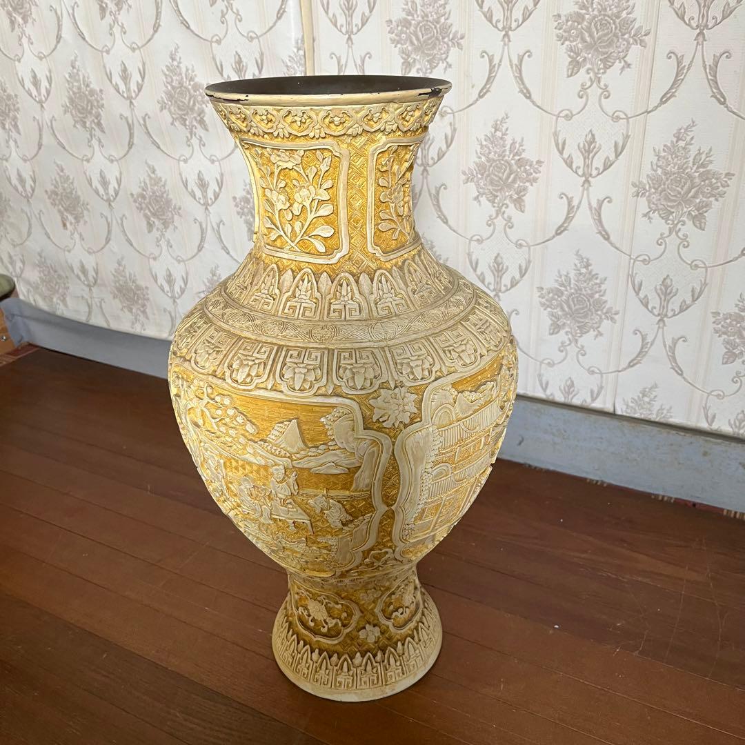 【アンティーク】堆朱銅胎飾り花瓶 壺 山水楼閣 花鳥唐草 古美術 骨董品 古道具