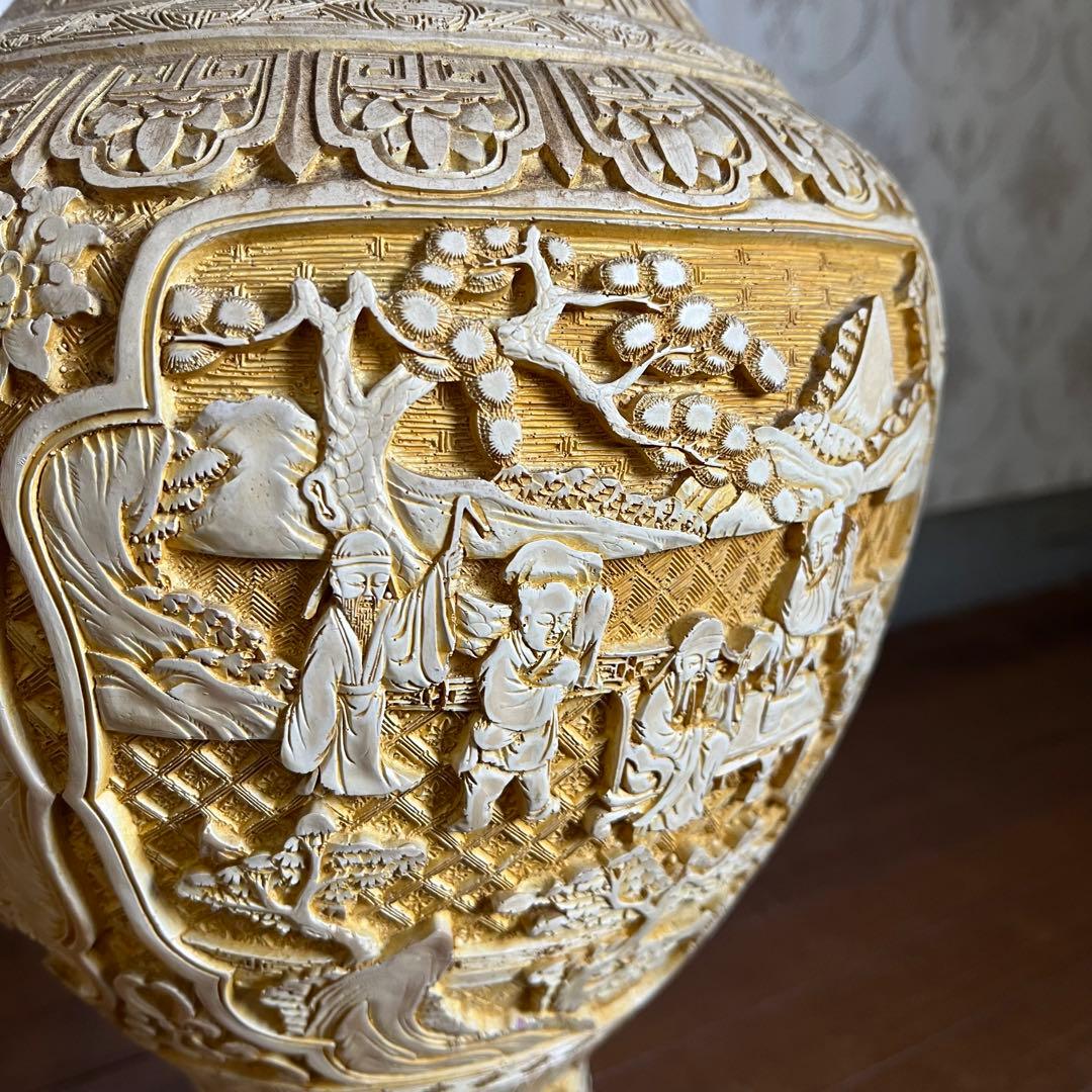 【アンティーク】堆朱銅胎飾り花瓶 壺 山水楼閣 花鳥唐草 古美術 骨董品 古道具