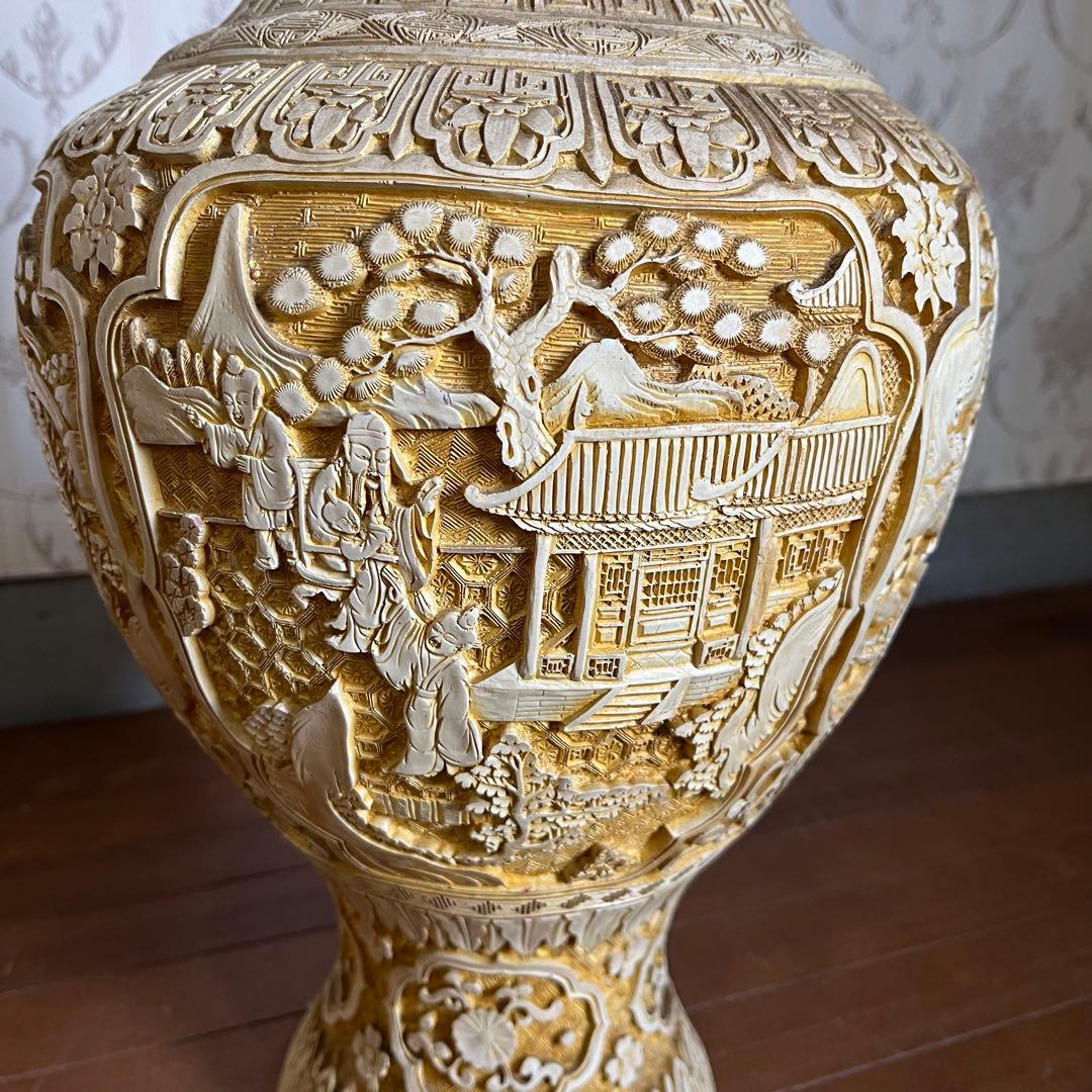 【アンティーク】堆朱銅胎飾り花瓶 壺 山水楼閣 花鳥唐草 古美術 骨董品 古道具