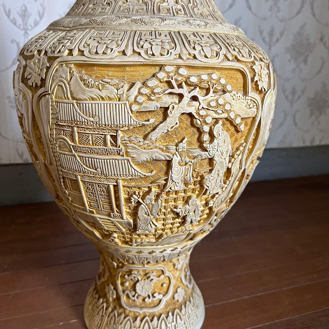 【アンティーク】堆朱銅胎飾り花瓶 壺 山水楼閣 花鳥唐草 古美術 骨董品 古道具