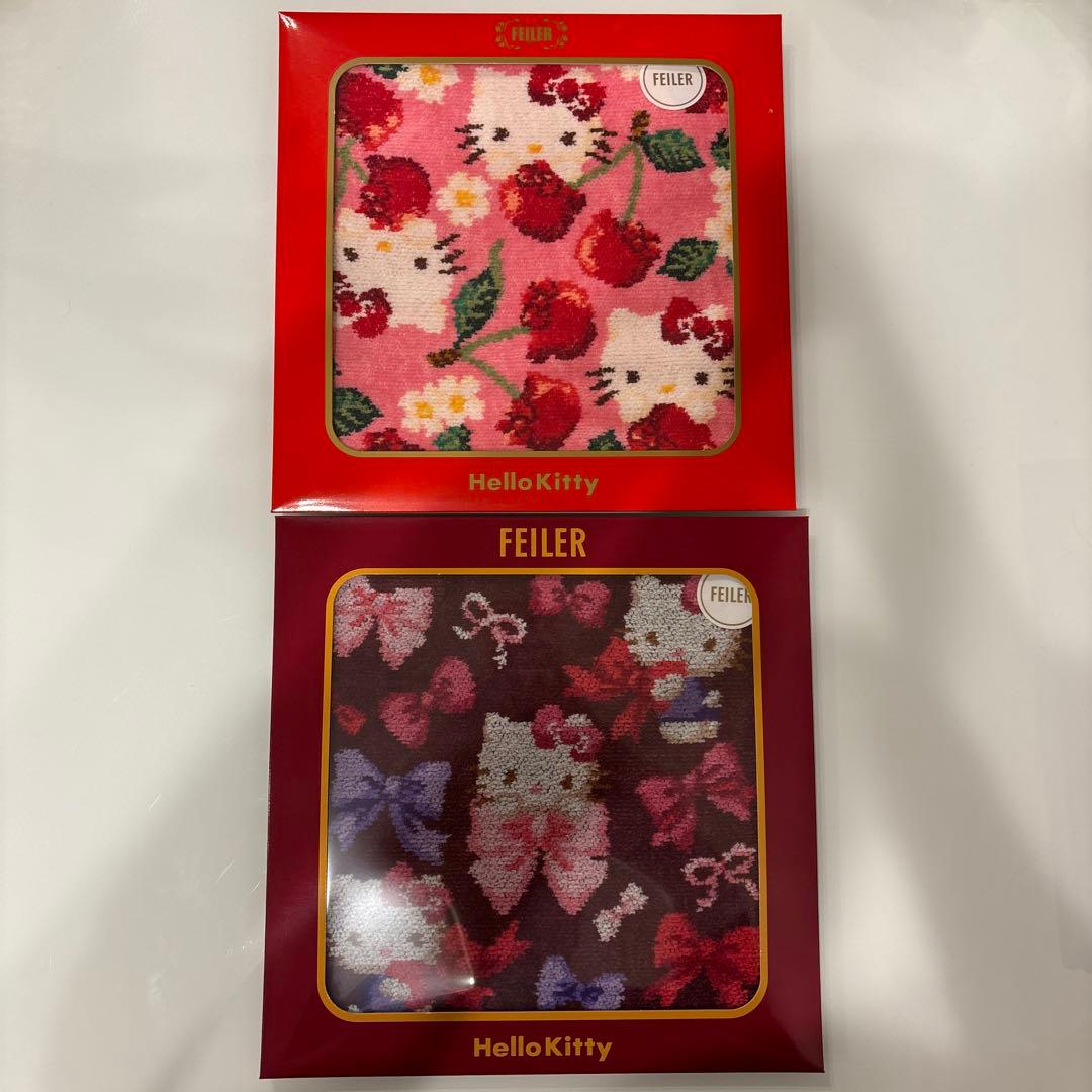 FEILER サンリオ　キティ　リボン　さくらんぼ　タオル ハンカチ2枚セット
