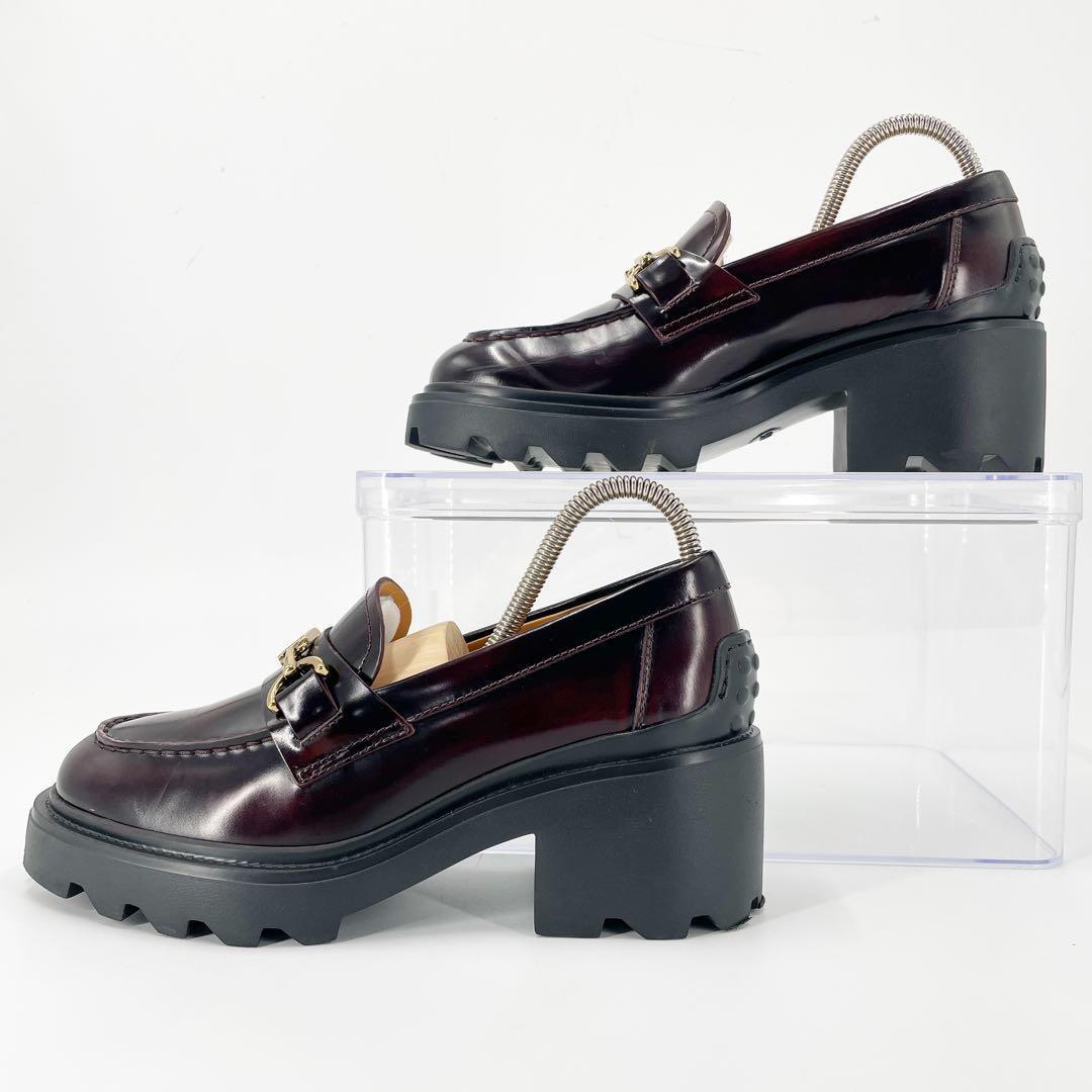 美品　トッズ　T金具　ローファー　革靴　ヒール　厚底　バーガンディ　レザー