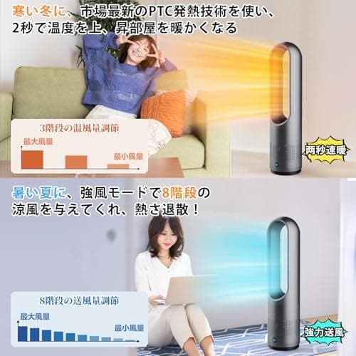 セラミックヒーター タワーファン ファンヒーター スリム扇風機【冷暖両用＆羽根*