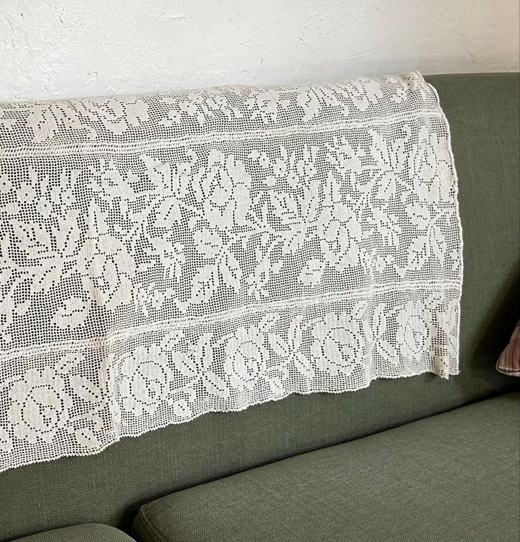 フランス　アンティーク　手編みクロッシェレース　テーブルクロス　カーテン