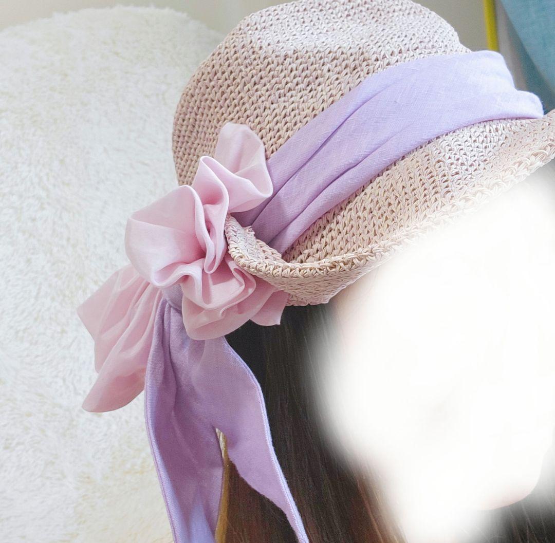 【CA4LA】リボン ストローハットカシラ　リボン 麦わら帽子　ピンク