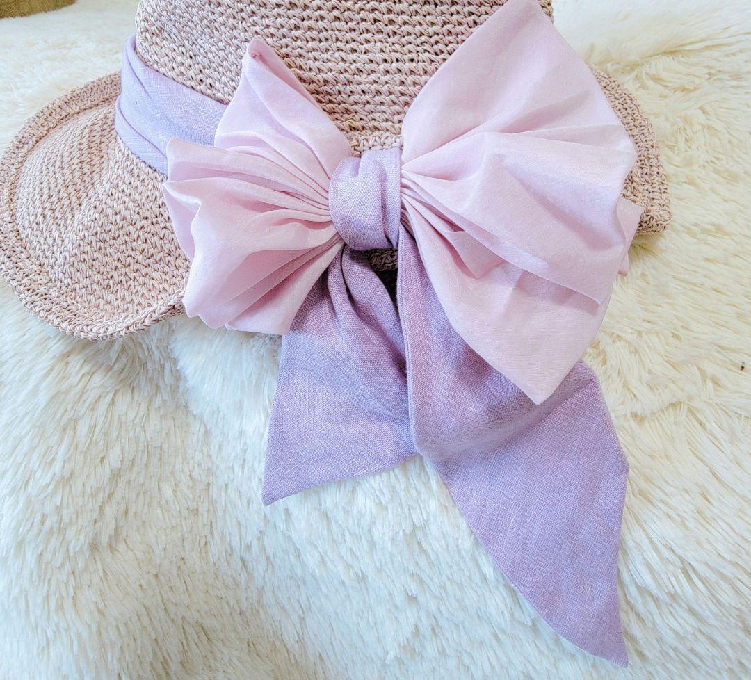 【CA4LA】リボン ストローハットカシラ　リボン 麦わら帽子　ピンク