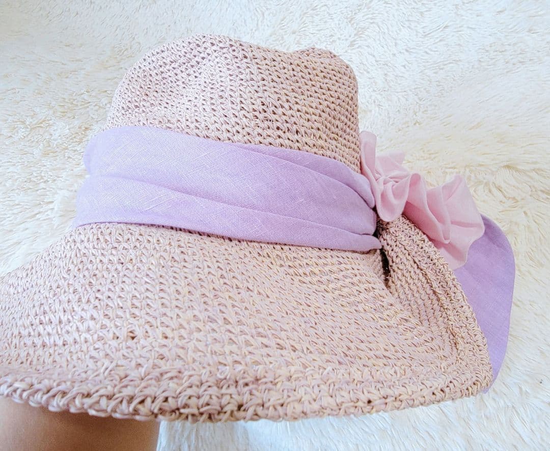 【CA4LA】リボン ストローハットカシラ　リボン 麦わら帽子　ピンク