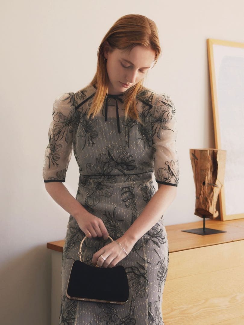 花柄リボンパフスリーブマーメイドワンピースドレス結婚式二次会成人式パーティー