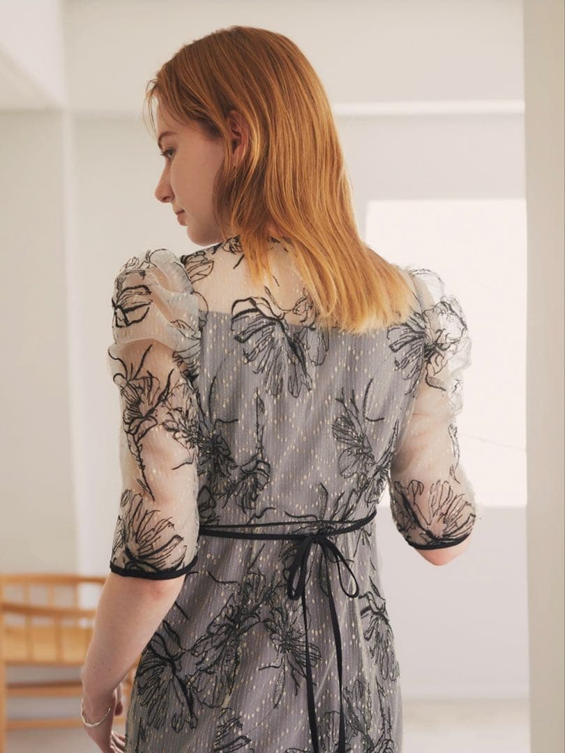 花柄リボンパフスリーブマーメイドワンピースドレス結婚式二次会成人式パーティー