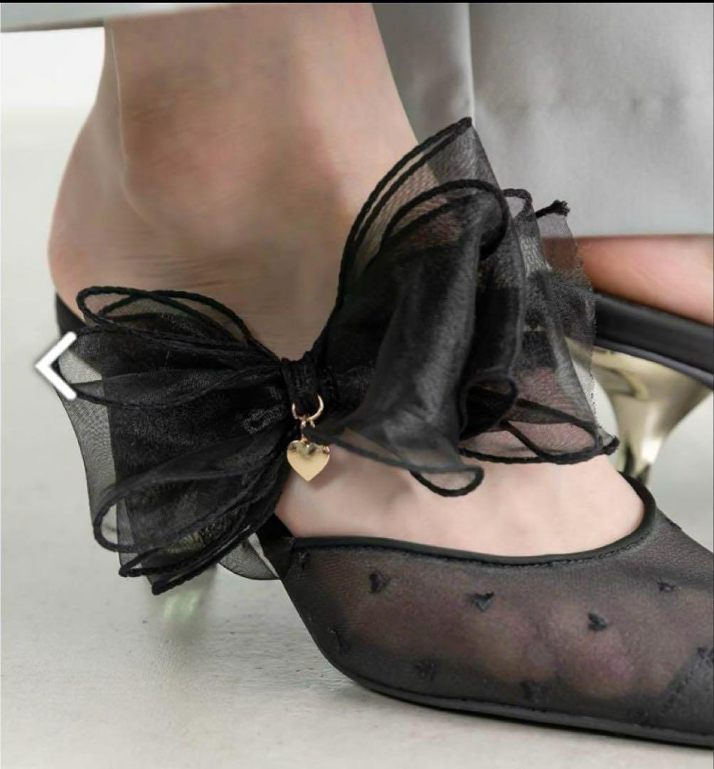 RANDA シフォンリボンハートミュールパンプス 25.5cm ブラック ランダ