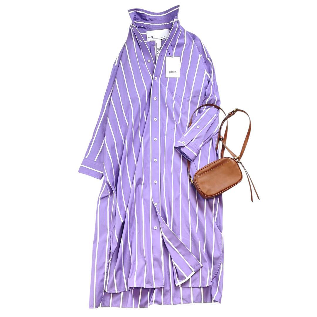 未使用タグ付 TICCA ストライプシャツワンピース SOMELOS パープル