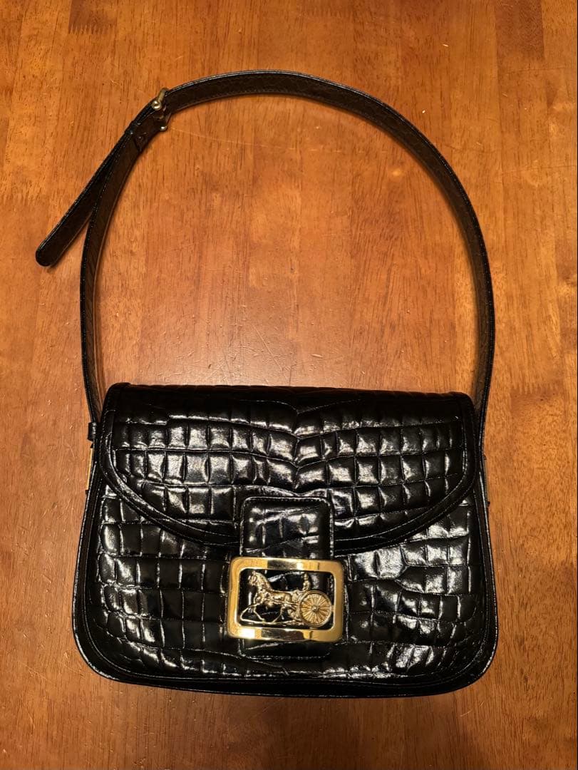 Celineオールドセリーヌ エナメル 型押し ショルダバッグ 黒