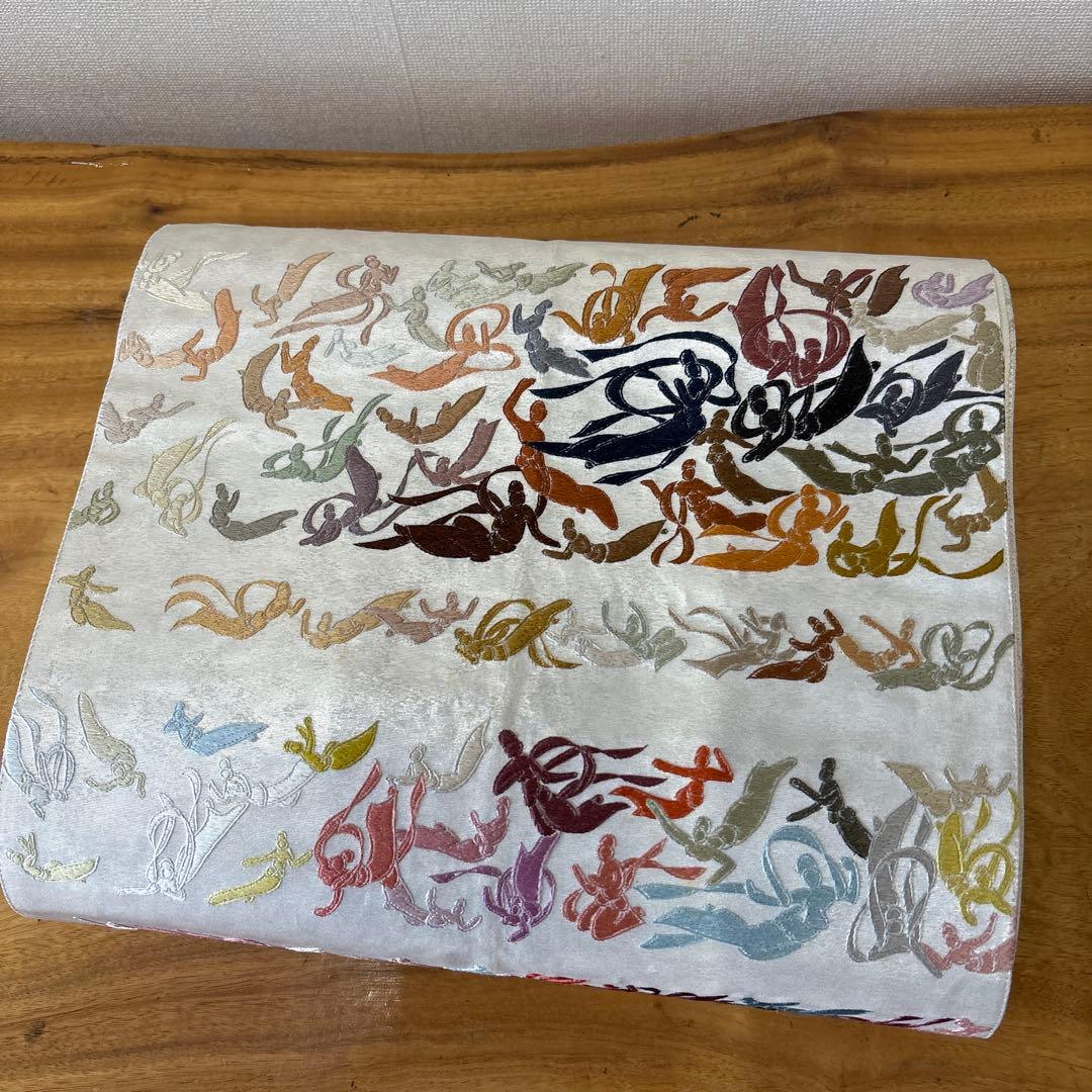 多色模様 袋帯 天女　刺繍　正絹　全通