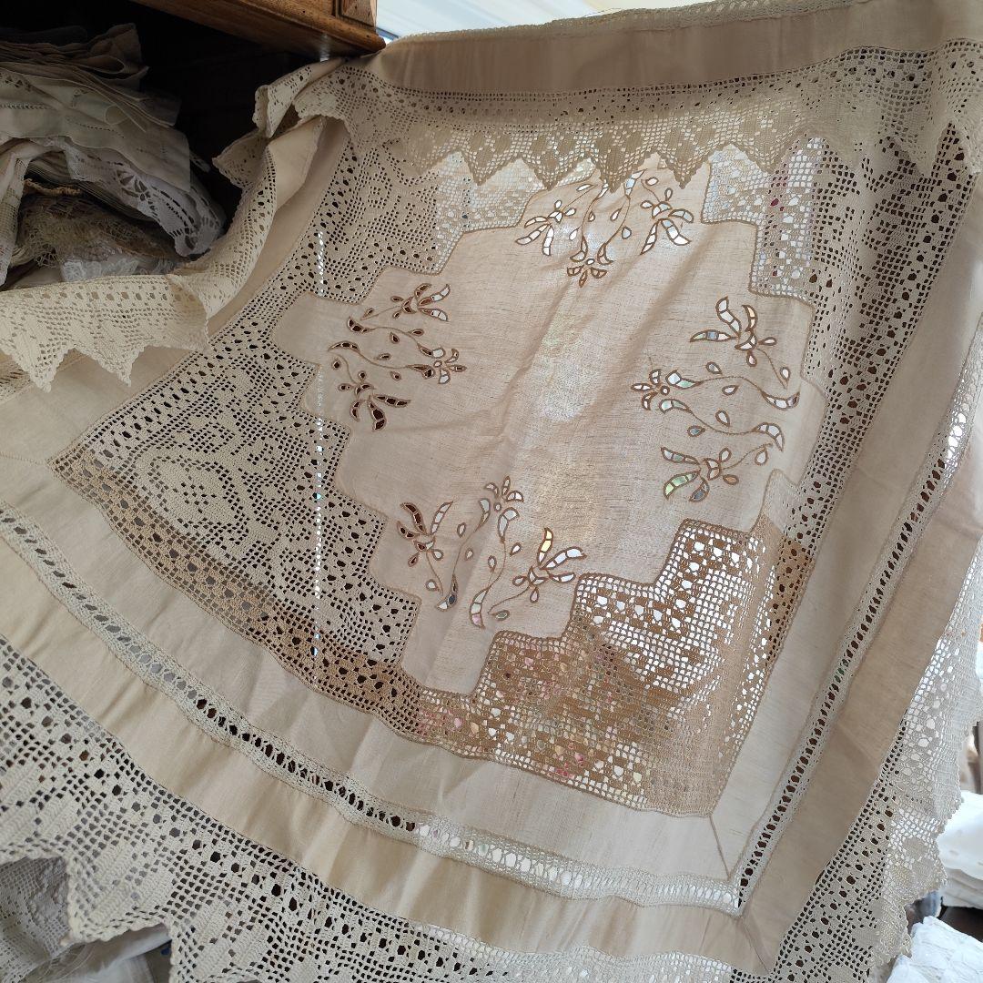 お手仕事　リネン　カットワーク　クロッシェ編みレース　　生成り　フリークロス