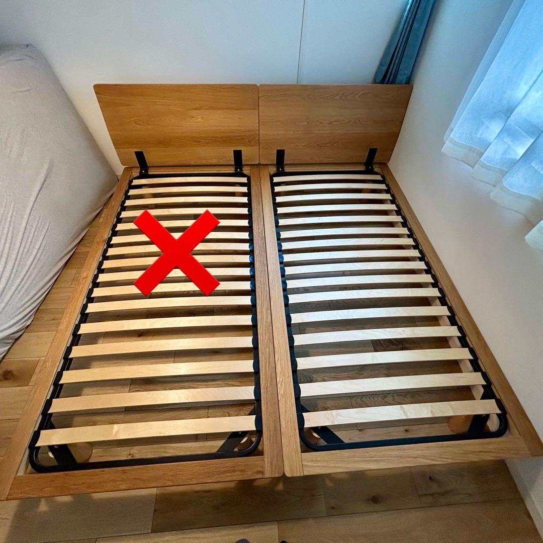 無印良品　木製ベッドフレーム シングル　オーク　脚付　ヘッドボード付　(右)