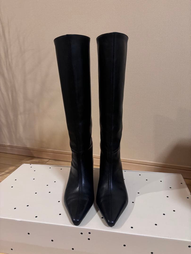 ZARA 本革 ポインテッドトゥレザーヒールブーツ 37 24cm ロングブーツ