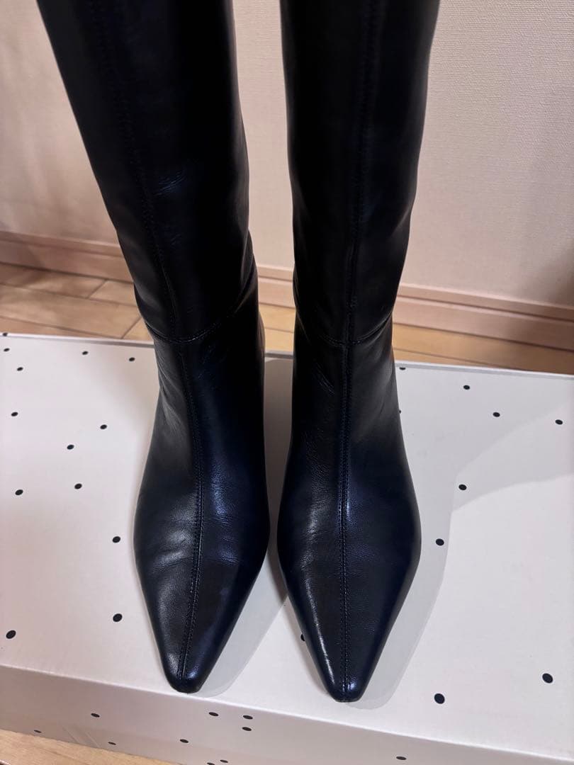 ZARA 本革 ポインテッドトゥレザーヒールブーツ 37 24cm ロングブーツ