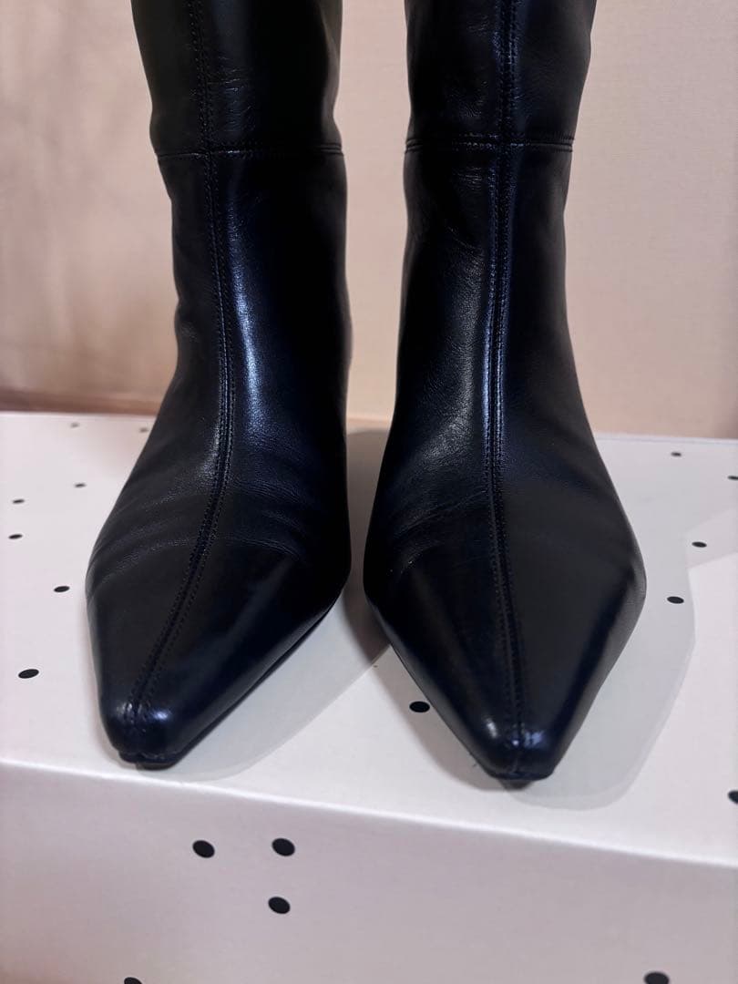 ZARA 本革 ポインテッドトゥレザーヒールブーツ 37 24cm ロングブーツ